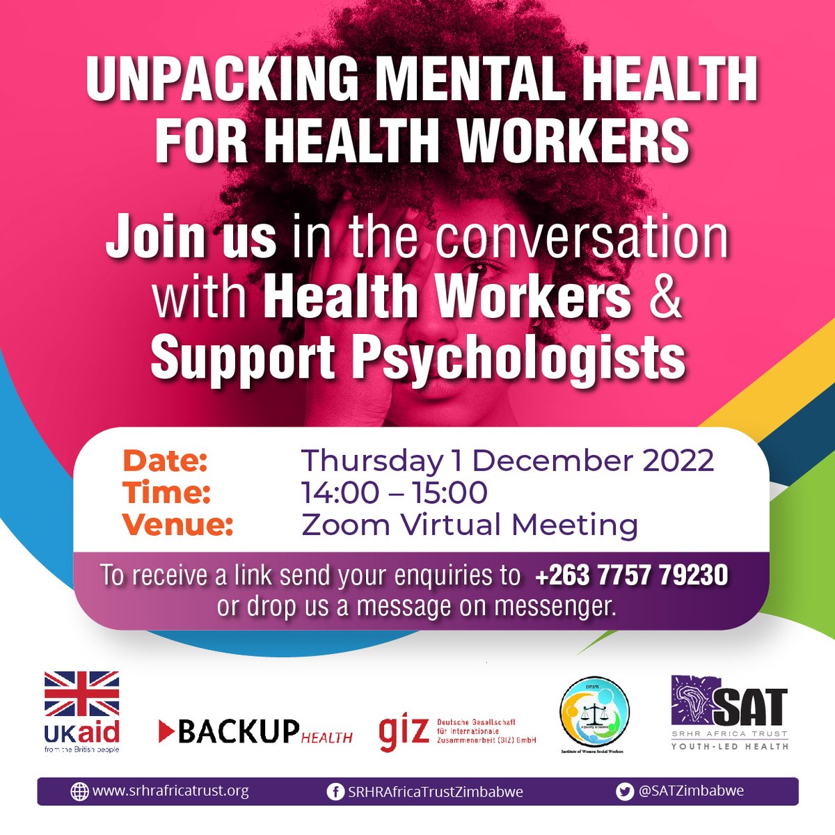 Join us in the conversation with Health Workers &amp; Support Psychologists when we unpack Mental Health from 14:00 -15:00 today. 
Inbox us for the ZOOM LINK and if you have any questions, contact us on +263 77577 9230.