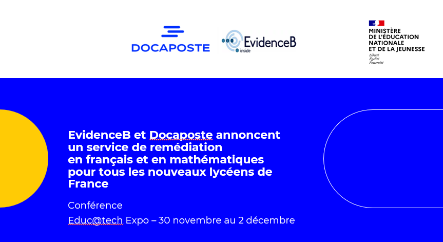 #EvidenceB et <a href="/Docapost/">Docaposte</a> vont présenter un nouveau service de remédiation en français et en mathématiques pour tous les lycéens aujourd'hui à 15h. Rendez-vous sur le stand F29-F33 <a href="/Edu_Num/">Éducation Numérique</a> <a href="/education_gouv/">Ministère Éducation nationale</a> <a href="/KdeVulpillieres/">Catherine de V.</a> <a href="/Ji_Cairns/">Jill Cairns</a> <a href="/MarcLopes77/">Marc Lopes</a>
