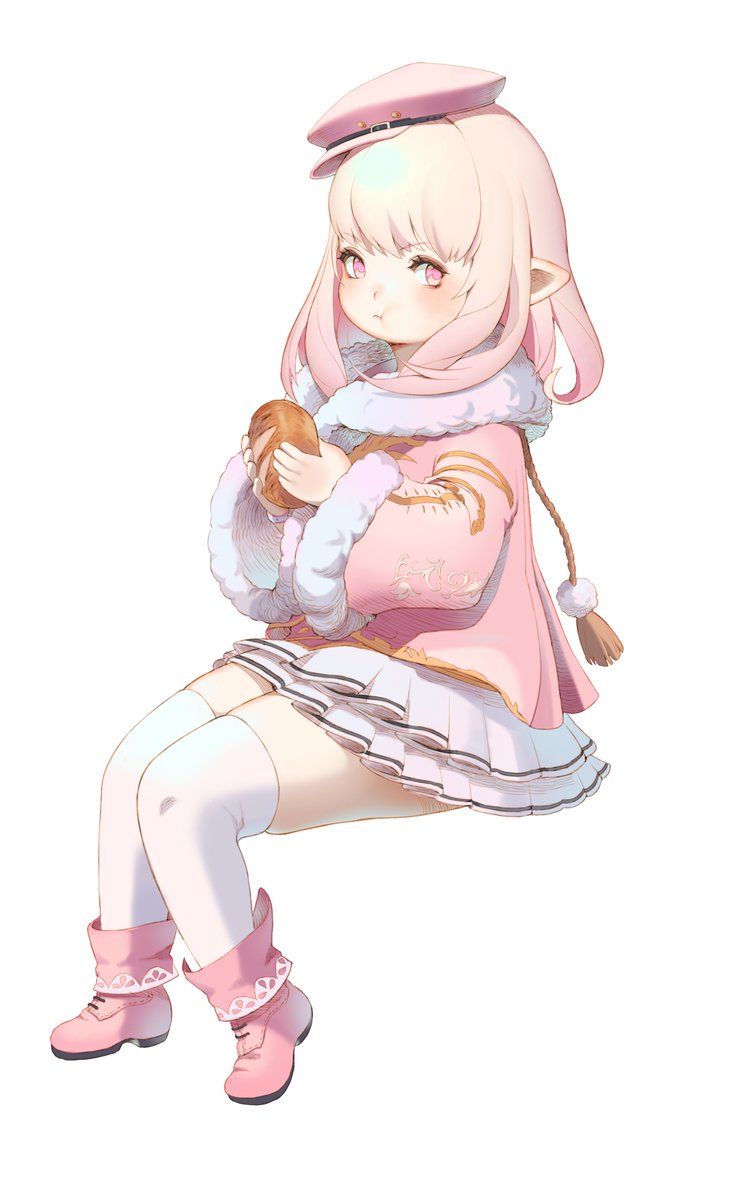 1girl lalafell solo thighhighs pointy ears hat pink hair  illustration images