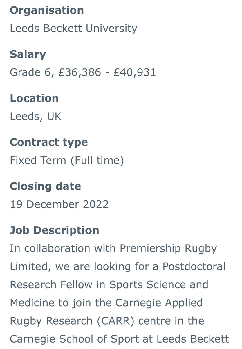To support my new role as Sports Science & Medicine Research Lead @premrugby 🚨we’re looking for Postdoctoral Research Fellow, to join @CARR_LBU @Carnegie_Sport @leedsbeckett 🚨 working on exciting projects. Work with @mattjcrossie & I, & the wider team uksport.gov.uk/jobs-in-sport/…