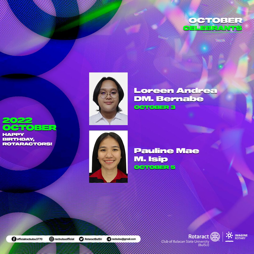 RotaractBulSU's tweet photo. Better late than never! We are greeting our celebrants last October who celerated another year with Rotaract Club of BulSU! 🎊

RAC BulSU wishes you a happy and blessed birthday! 🎉 We hope that you celebrated it with joy and gratefulness 🤍💚💜 https://t.co/OwsPkhrtWq