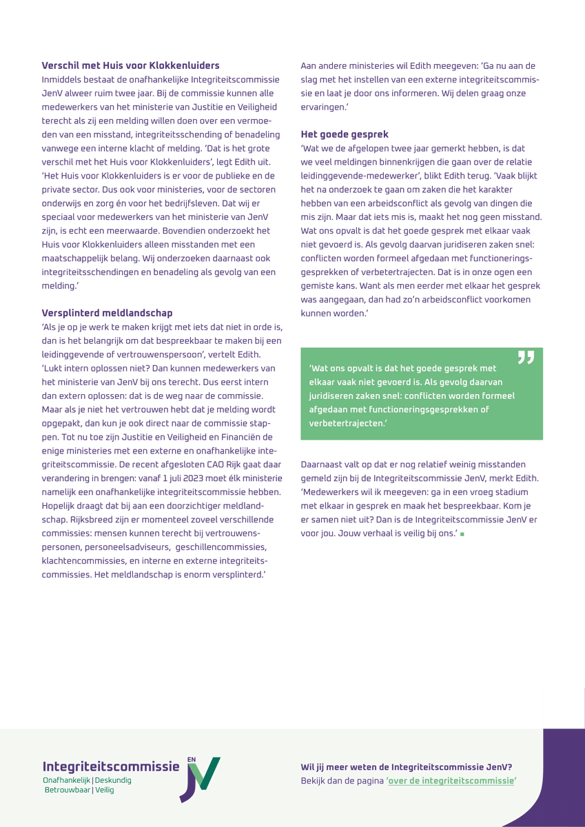 integriteitJenV's tweet photo. ‘De kern van integer gedrag vertonen is dat je op cruciale momenten je rug recht houdt’, aldus Edith Snoeij, commissielid van de Integriteitscommissie JenV.

Benieuwd naar de visie van Edith op #integriteit? Lees het interview: https://t.co/auYDTKvO3f 

#meldpuntintegriteit https://t.co/fg6pYUULse