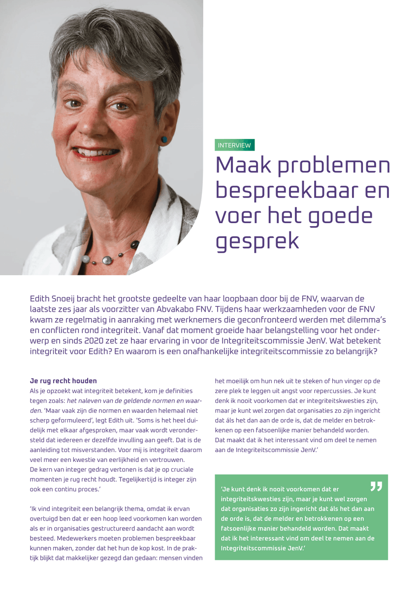 integriteitJenV's tweet photo. ‘De kern van integer gedrag vertonen is dat je op cruciale momenten je rug recht houdt’, aldus Edith Snoeij, commissielid van de Integriteitscommissie JenV.

Benieuwd naar de visie van Edith op #integriteit? Lees het interview: https://t.co/auYDTKvO3f 

#meldpuntintegriteit https://t.co/fg6pYUULse