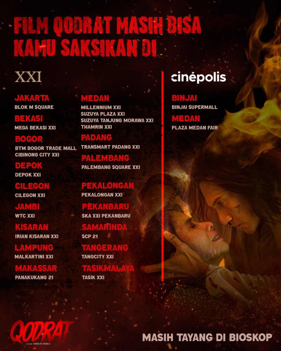 Film Qodrat masih tayang di 23 bioskop🔥

Yuk, serbu selagi masih bisa nonton Qodrat di layar lebar dan speaker 🔊 mantap bioskop!

#Qodrat
