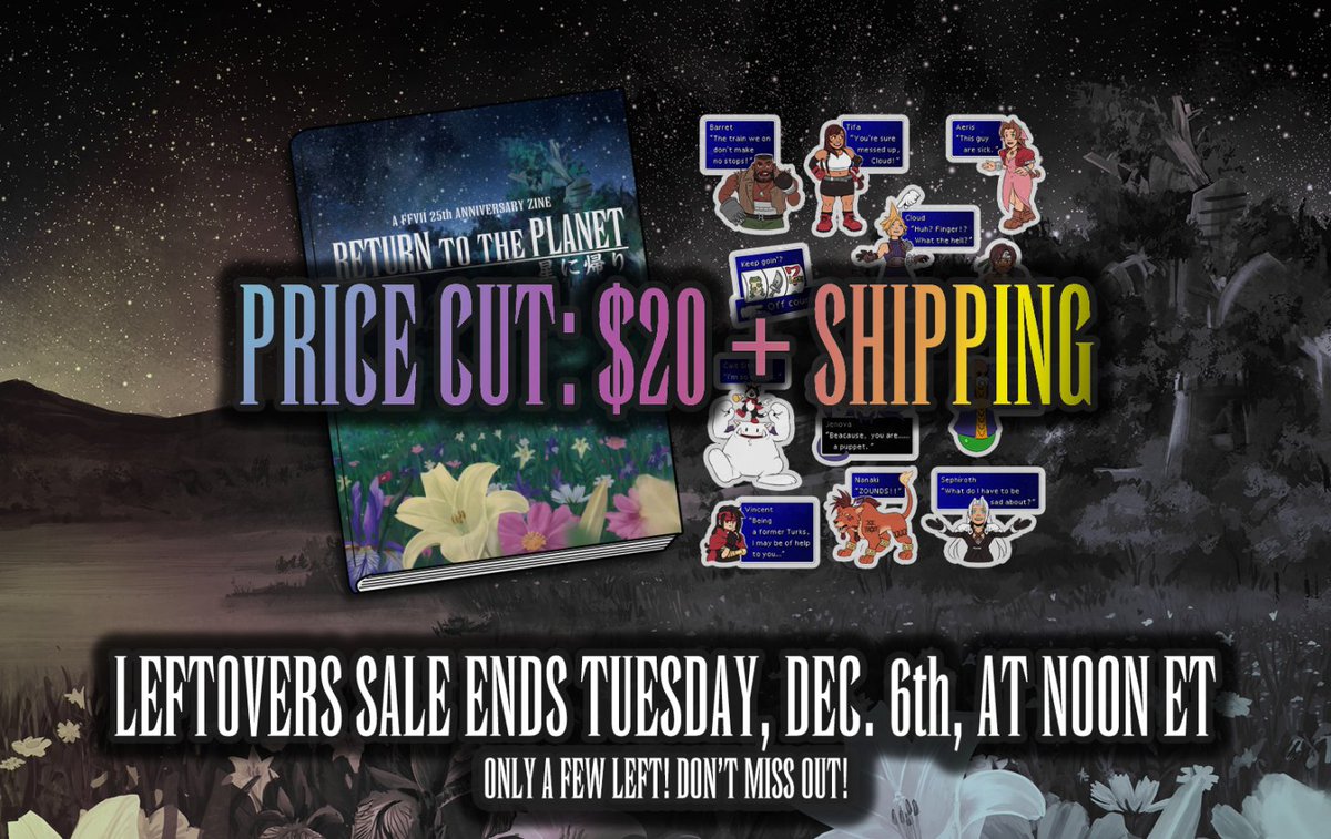 ff7ogzine's tweet photo. Our leftover sales close in less than a week! Still on the fence? We've reduced the price from $30 USD to $20 (plus shipping)! ✨

We only have a few copies left! Grab yours before time runs out! 

LINK TO SHOP: https://t.co/ezQ7JhWS81 https://t.co/HOrY2H2JOf