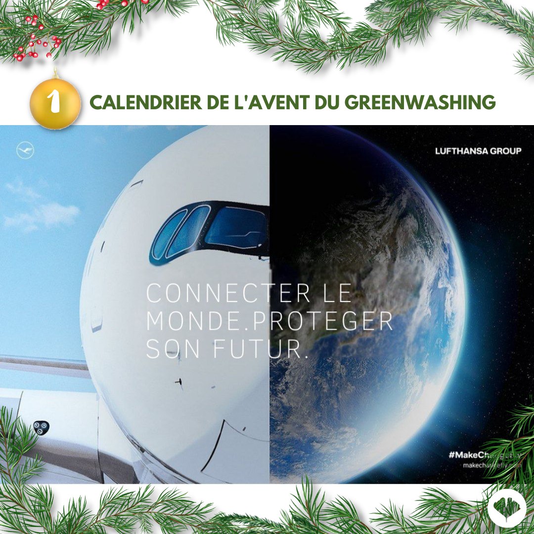 C’est le retour de notre Calendrier de l’Avent du #Greenwashing !🎁 
 
Jusqu’à Noël, on présente les perles d'entreprises qui veulent avoir l’air vertes, sans l’être vraiment 🎄 
 
On commence fort avec @Lufthansa qui pense qu’on va sauver la planète grâce à ses Boeing 747.