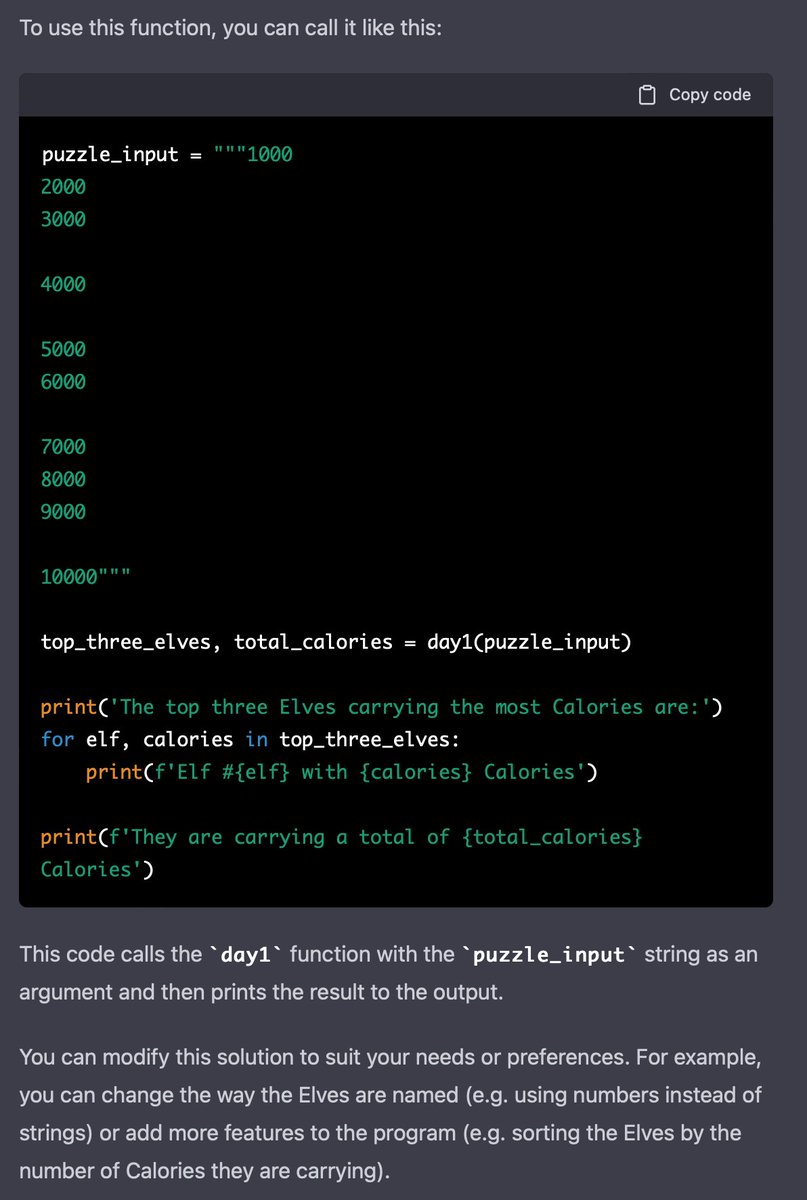 ChatGPT Advent of Code 2022 Day 1: solved first time. I just copied and pasted the instructions, then copied and pasted the code. so far, so good. Curious how far it will get into the challenge!