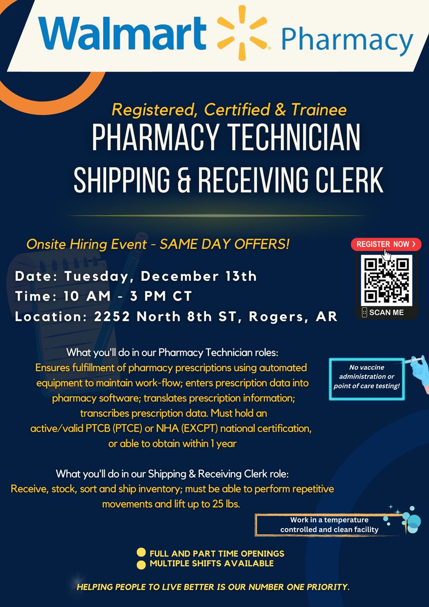 Walmart is hiring Shipping & Receiving Clerks, Pharmacy Technicians: Certified & Trainees! This Onsite hiring event will take place on Tuesday, December 13th from 10 AM – 3 PM CT!  Learn more and register here: bit.ly/3ExqHp5
 #newopportunities #shippingandreceiving