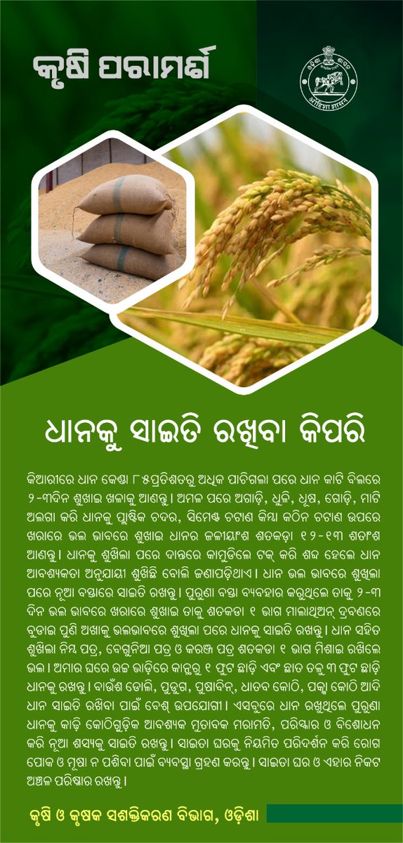 krushibibhag's tweet photo. #ଧାନକୁ ନଷ୍ଟ କରୁଥିବା ଅନିଷ୍ଟକାରୀ ପୋକ ଓ ସେମାନଙ୍କ ଦାଉରୁ ଶସ୍ୟକୁ ରକ୍ଷା କରିବା ନିମନ୍ତେ ପୁରୁଣା #ଧାନକୁ କାଢ଼ି ଆବଶ୍ୟକ ମୁତାବକ ମରାମତି, ପରିଷ୍କାର, ବିଶୋଧନ କରି ଶସ୍ୟକୁ ସାଇତି ରଖନ୍ତୁ | #ସାଇତା_ଘର ଓ ଏହା��� ନିକଟ ଅଞ୍ଚଳ ପରିଷ୍କାର ରଖନ୍ତୁ | https://t.co/OxYjQIJYWX