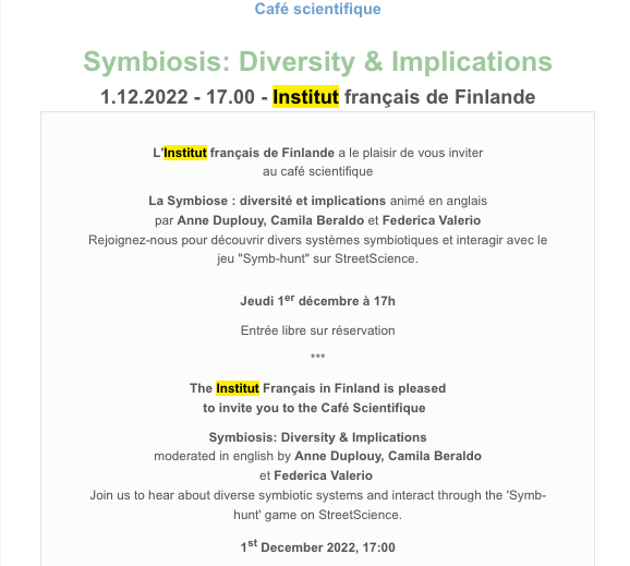duplouy_anne's tweet photo. This evening @camilasberaldo @fedevalerio92 and I, will be at the @IFFinlande in Helsinki center to talk #symbiosis, and play the #SymbiosisHunt game from #StreetScience. If you are free, join us! Starts at 5pm. https://t.co/0Yao5PXovb https://t.co/tkQOBBE7dK