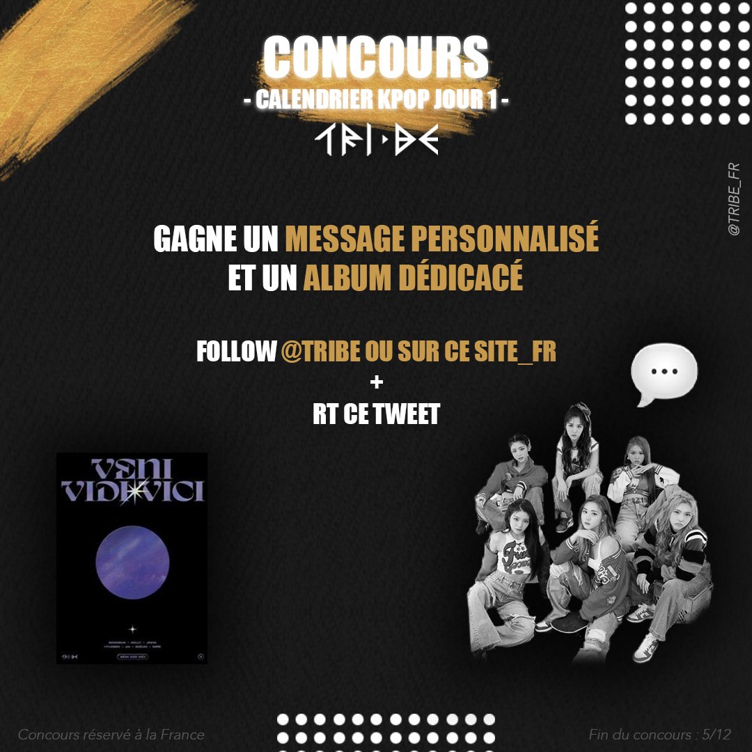 TRIBE_FR's tweet photo. TRI•BE est à l'honneur en ce 1er jour du calendrier de l'Avent KPOP Universal Music ! (LIEN en commentaire) 🎁🎄 

TRUES, gagnez votre message personnalisé du groupe et un album dédicacé 🤩 

Pour participer ? Follow+RT ce tweet 🎁

🌼🌸🦕🐥🦢🧋 https://t.co/X1No106S2c