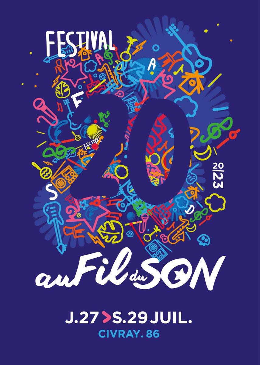 Pour cette 20ème édition, nous voulions une affiche explosive, festive et à l’image de ces 19 années passées tous ensemble. Pour cette édition, nous avons souhaité réunir en une seule composition, les éléments graphiques marquants présents sur différentes affiches du festival.