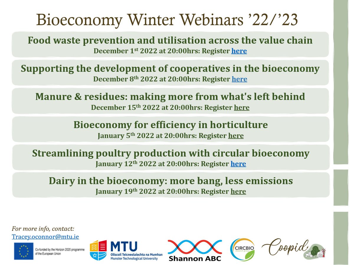 More #Bioeconomy Winter Webinars on the way!Our December/January programme starts today w. #foodwaste.These #farmer-focused events examine opportunities for #food #feed #fibre & #biofuel #producers & include Irish @COOPID_eu ambassadors.Registration links: tinyurl.com/4mka3chn