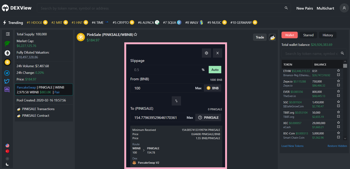 pinkecosystem's tweet photo. 🔥Trading on #Dexview is now enabled!

👉Dexview will find the best prices for your trade using multiple routers on #BSC using #Pancakeswap, #Apeswap, #Biswap, #Mdex, #Babyswap and #Pinkswap.

😍 Dexview has the fastest UI out of all available charting systems on the #BSC. https://t.co/u3MLAXqI1g