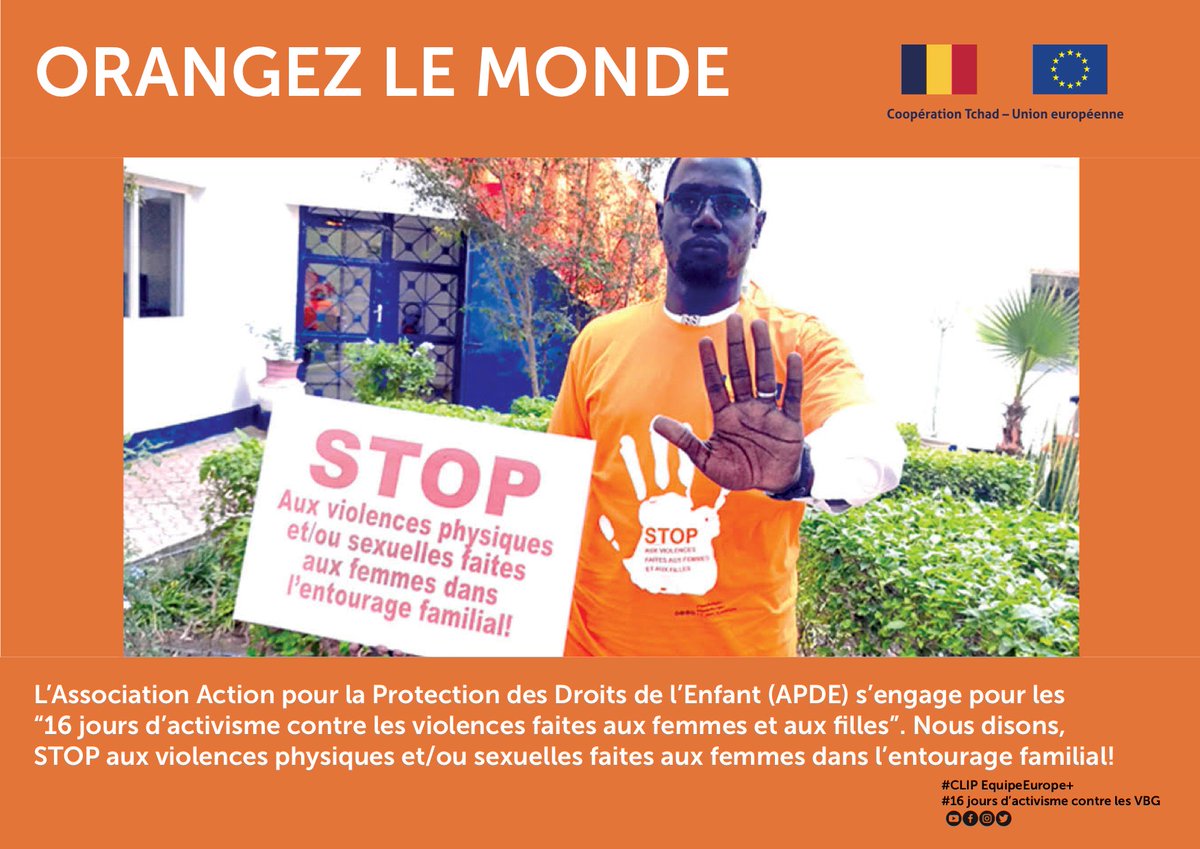 UEauTchad's tweet photo. ORANGEZ LE MONDE!
L'UE au Tchad et les organisations de la société civil tchadiennes disent ensemble STOP AUX VIOLENCES PHYSIQUES ET/OU SEXUELLES DANS LEUR ENTOURAGE FAMILIAL !
#CLIPEquipeEurope #16joursdactivismecontrelesVBG @fondazioneacra https://t.co/liz43LIMEz