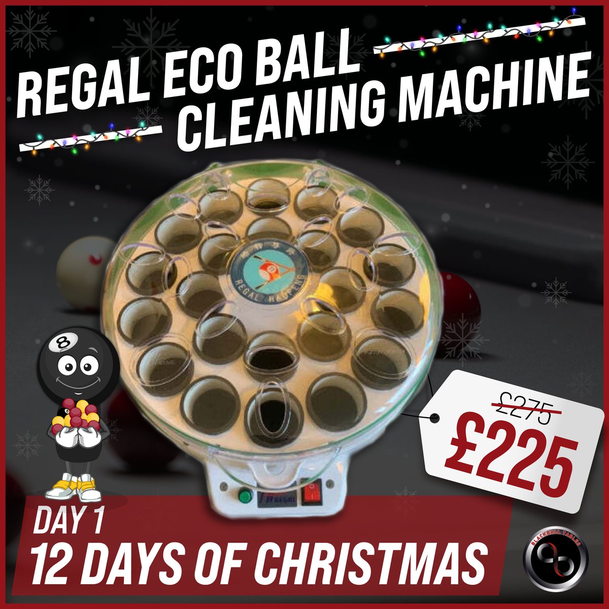 Day 1 of the Blackball Tables 12 Day of Christmas event is kicking off with the Regal Eco Ball Cleaning Machine!🎱

This effective, easy-to-use machine cleans balls within 3 minutes!✨

View the Regal Eco Ball Cleaner here: bit.ly/3H1Y2eC

#12daysofchristmas