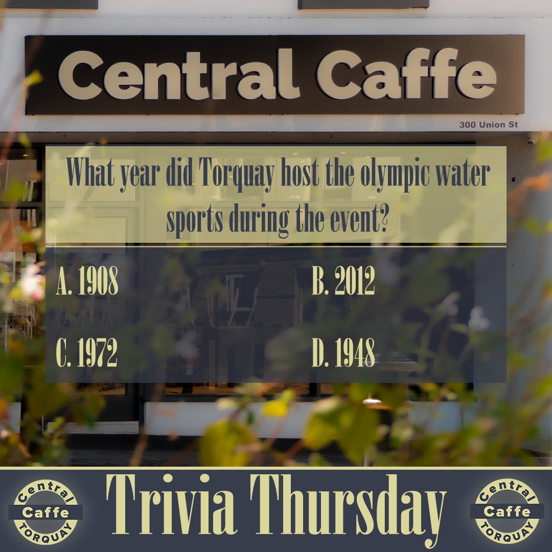 CentralCaffe's tweet image. We are continuing Trivia Thursday! 😎📖

The answer for last week was… B!

Today's Question:
What year did Torquay host the Olympic water sports during the event?
1908
2012
1972
1948 

Let us know your answers in the comments below!

See ya in a week! 😀