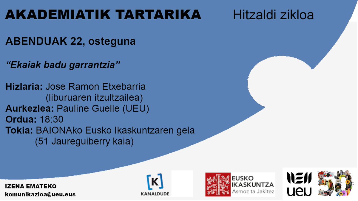 Oporrak baino lehen azken #Tartarika hitzaldi bat antolatzen dugu Baionan. Jose Ramon Etxebarriak 'Ekaiak badu garrantzia' liburuaz ariko da. Beraz, hitzordua dugu abenduaren 22an !
Urririk & denei idekia✍️
@ueu_orokorra eta @EIparralde elkarlanean.