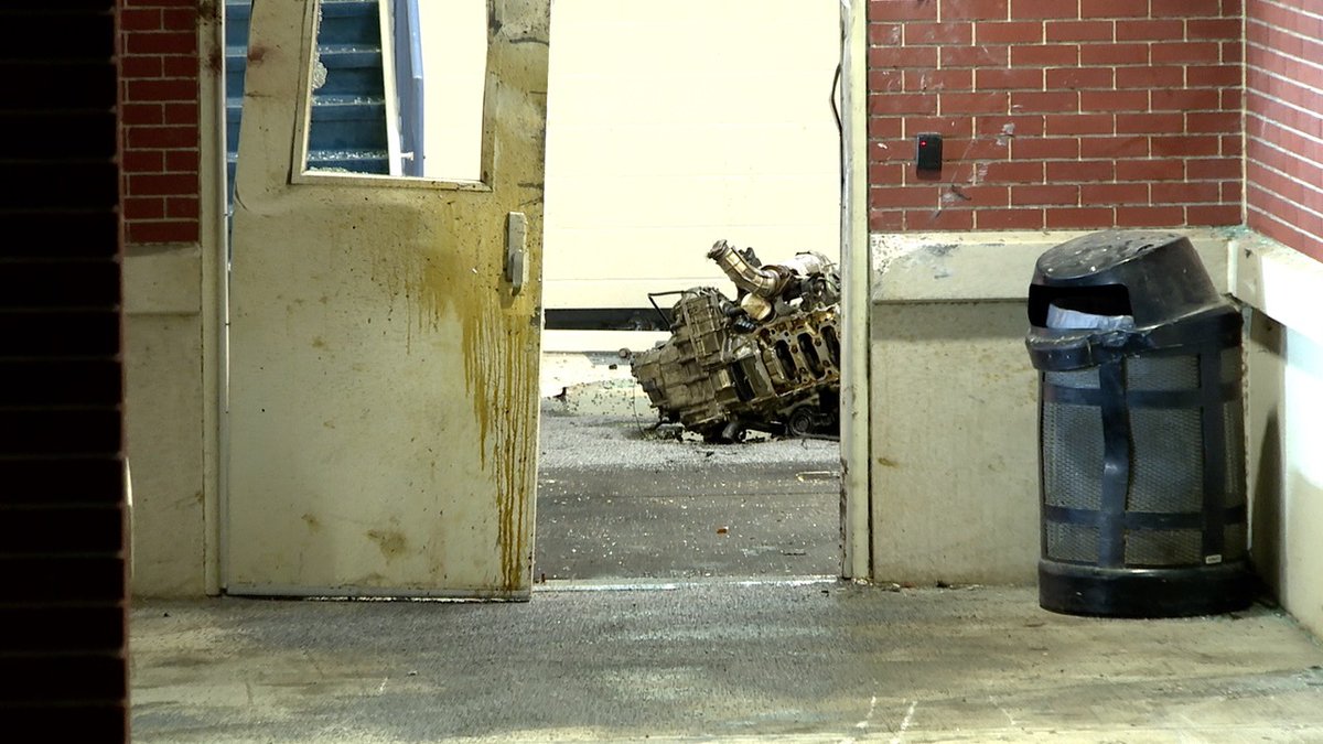AdrianWhitsett's tweet photo. Woodward High School should be open for students this morning despite a crash that sent this Honda's engine into a hallway. One man was taken to the hospital, police are still looking for another person who left the scene @WCPO @AllyKraemer https://t.co/JQsoXw42MG