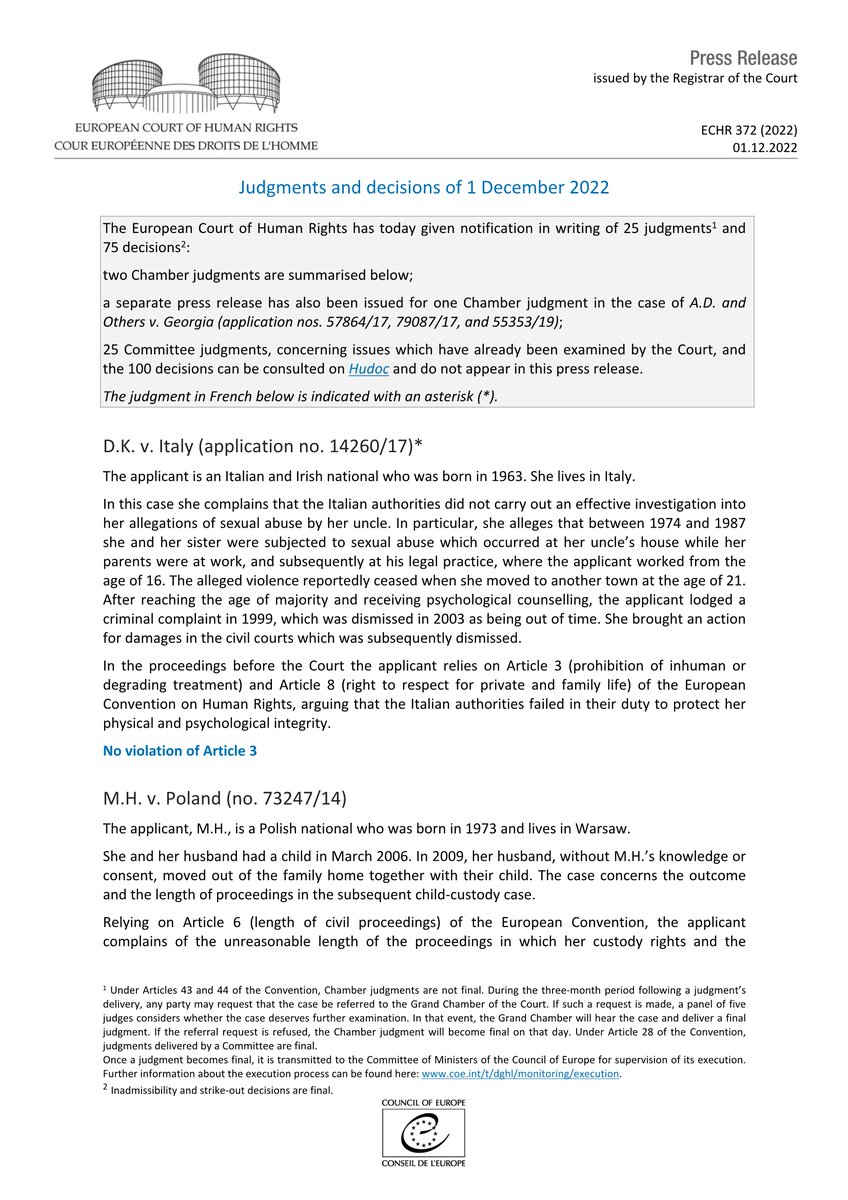 Judgments and decisions of 01.12.2022 hudoc.echr.coe.int/app/conversion… #ECHR #CEDH #ECHRpress