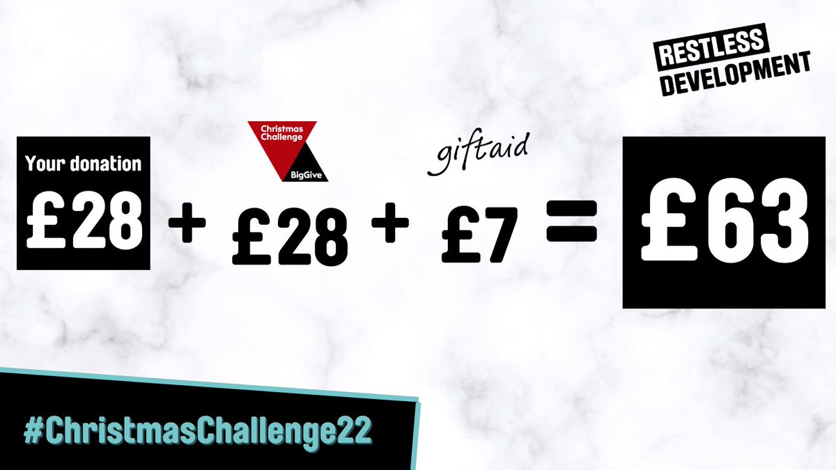 RestlessDev's tweet image. A donation of £63 could train 3 young women to gain life-changing business skills. Donate to support our @BigGive #ChristmasChallenge2022 today and your gift will be doubled &amp;amp; if you're GiftAid eligible, your gift value increases 25% at no extra cost. 🎁 bit.ly/3VBYvII