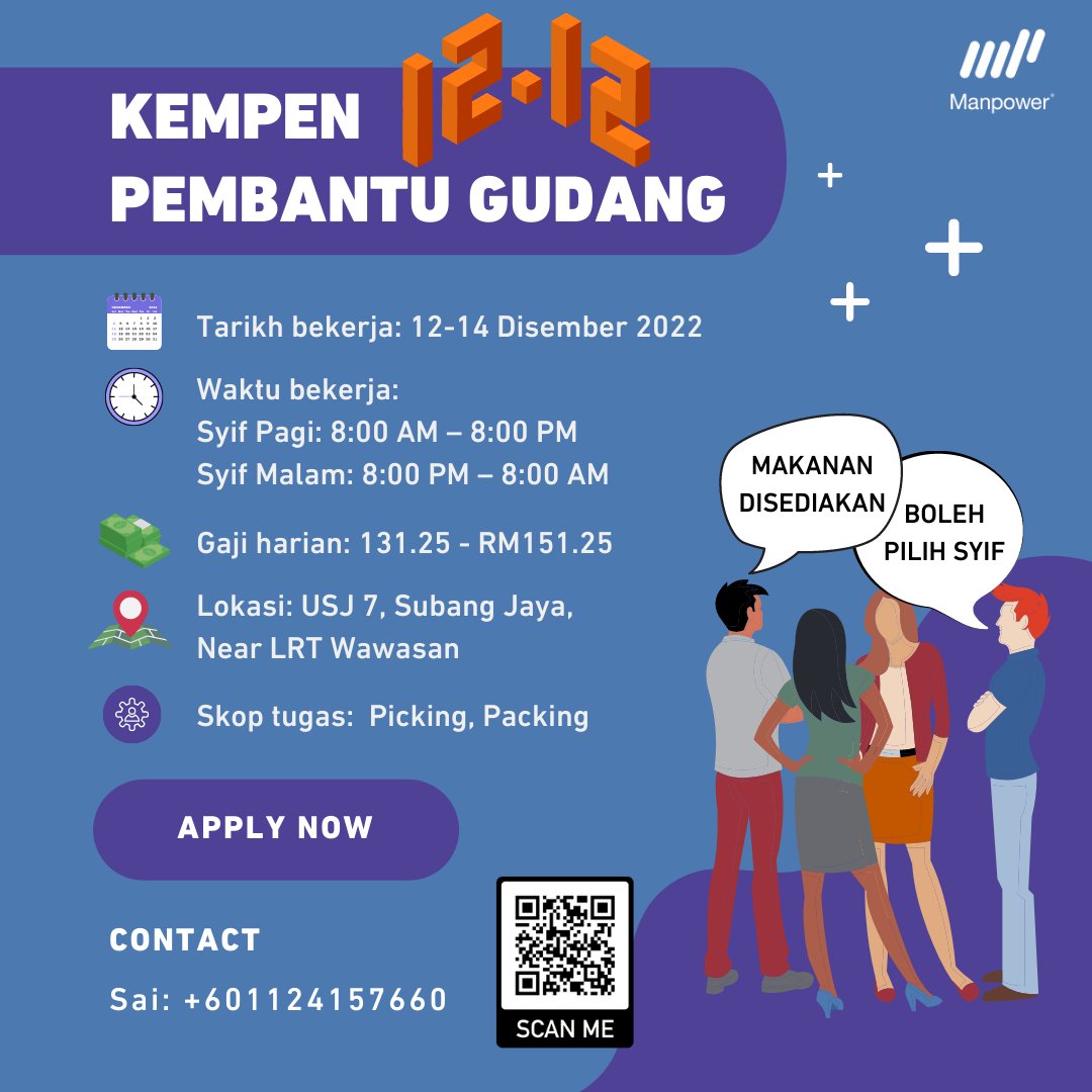 ManpowerMY's tweet photo. PEMBANTU GUDANG PART TIME 12.12 (SUBANG JAYA USJ 7)
Tarikh bekerja: 12-14 Disember 2022
Hubungi Sai: +60 11-2415 7660

@Peluangkerjaya @Peluang_KerjaMY @sebarkerja @Oh_KerjaKosong @twtkerjakosongg https://t.co/6CIJqfNk3C