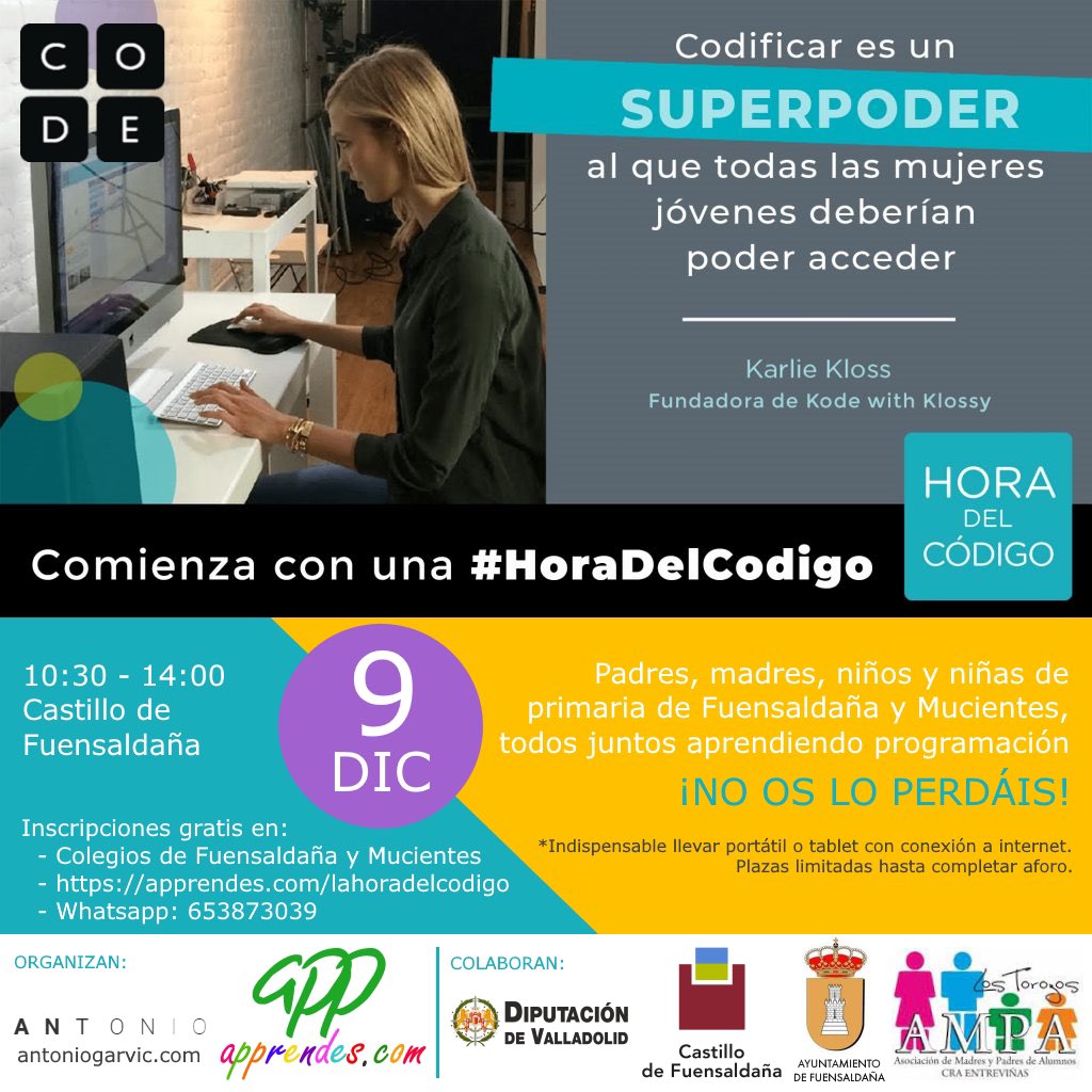 Disfruta en el Castillo de Fuensaldaña de la "Hora del Codigo" un movimiento global que introduce a personas en todo el mundo a las Ciencias de la Computación, inspira a los niños a aprender, rompe estereotipos y hace sentirse empoderados.
Inscripciones 👉 apprendes.com/lahoradelcodig…