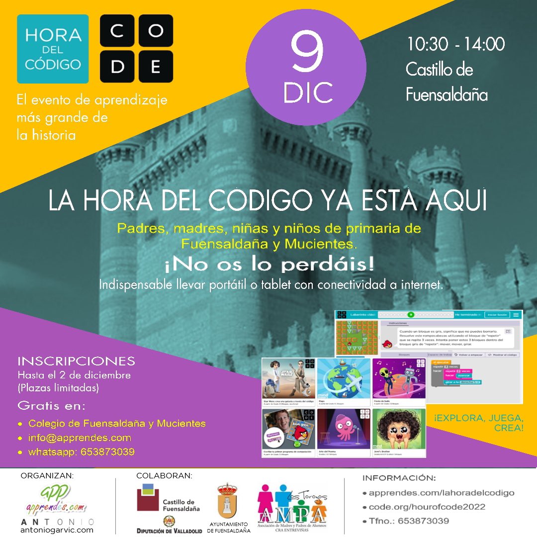 turvalladolid's tweet photo. Disfruta en el Castillo de Fuensaldaña de la "Hora del Codigo" un movimiento global que introduce a personas en todo el mundo a las Ciencias de la Computación, inspira a los niños a aprender, rompe estereotipos y hace sentirse empoderados.
Inscripciones 👉 https://t.co/NssC8JZOvV https://t.co/vDYv3SWgbU