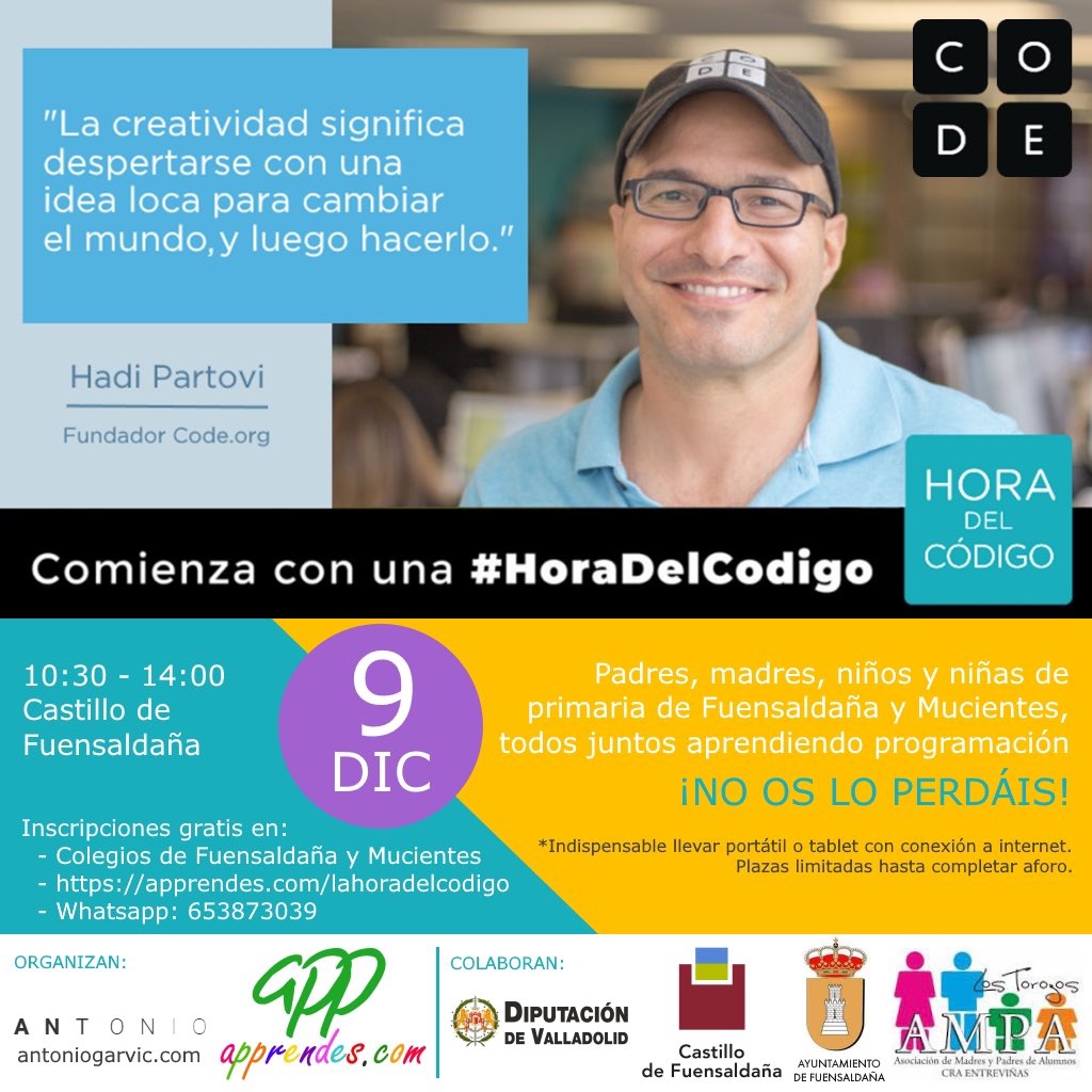 turvalladolid's tweet photo. Disfruta en el Castillo de Fuensaldaña de la "Hora del Codigo" un movimiento global que introduce a personas en todo el mundo a las Ciencias de la Computación, inspira a los niños a aprender, rompe estereotipos y hace sentirse empoderados.
Inscripciones 👉 https://t.co/NssC8JZOvV https://t.co/vDYv3SWgbU
