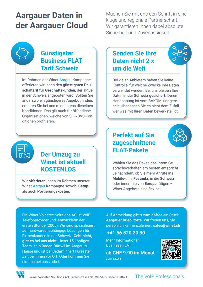 winetvoip's tweet photo. Aargauer Daten in der Aargauer Cloud

#aargauerDaten #aargauerCloud #guenstigsterPauschaltarifSchweiz #flexibleAngebote #direkterKontakt #unkompliziert #hostedPBX #MSTeams #SIPTrunk #Teamstrunk #flatpakete #winet #voip #telefonie #internet https://t.co/ShNx0Rpo0r