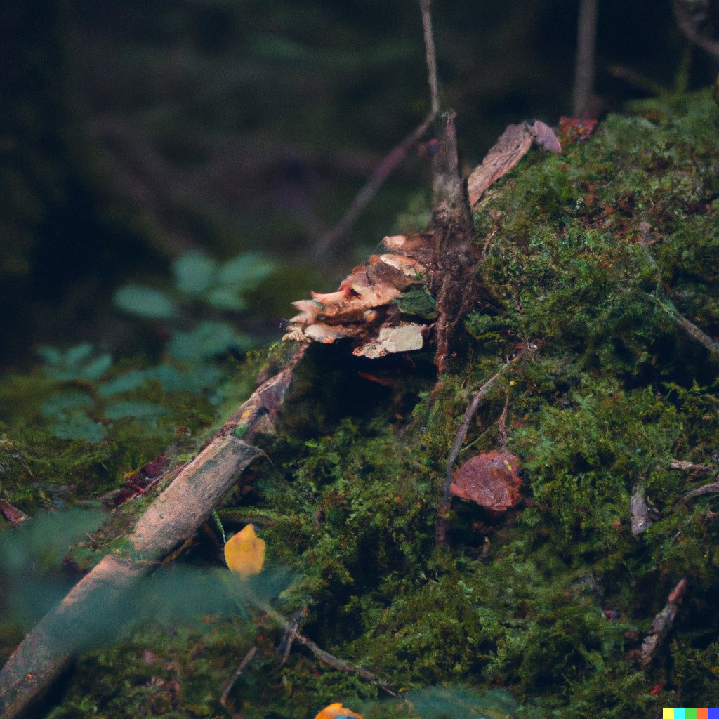 RTorre's tweet photo. Prompt: "open view fall in a green and dark forest with lichen and mushrooms" #DallE #fakenature https://t.co/TSi16NlXf7