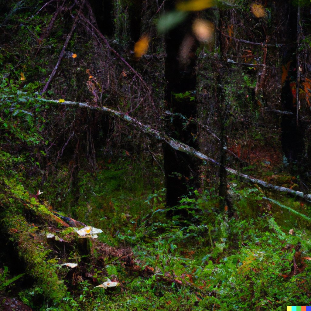 RTorre's tweet photo. Prompt: "open view fall in a green and dark forest with lichen and mushrooms" #DallE #fakenature https://t.co/TSi16NlXf7