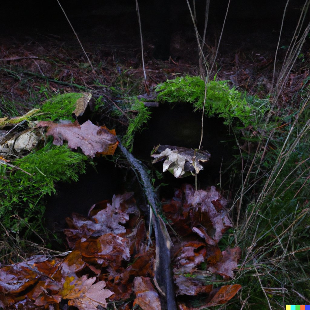 RTorre's tweet photo. Prompt: "open view fall in a green and dark forest with lichen and mushrooms" #DallE #fakenature https://t.co/TSi16NlXf7