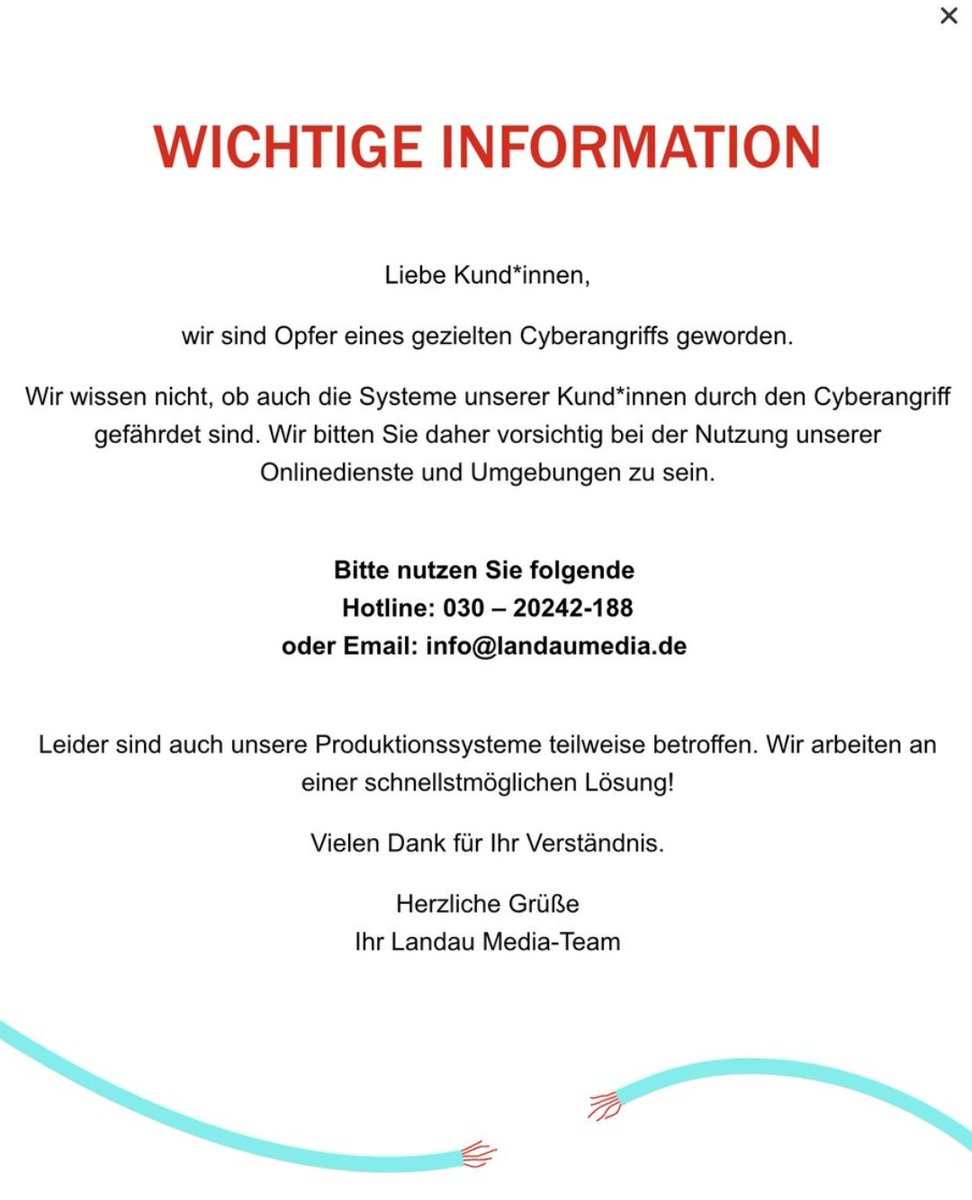 ransomwaremap's tweet photo. #DEU #cyberattack Landau Media GmbH &amp; Co. KG von #Cuba #Ransomware betroffen. Tracked by @ecrime_ch https://t.co/fhj6brZu4G https://t.co/U50RwC7WMC