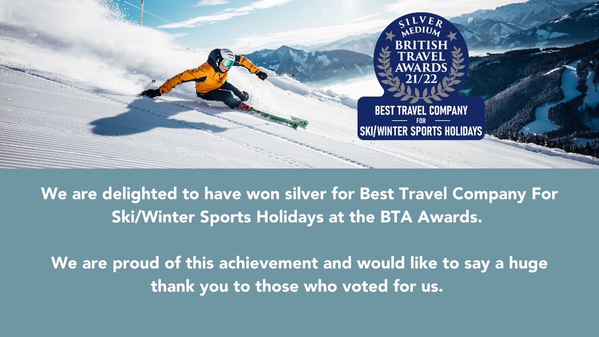 skisolutions's tweet photo. We are delighted to have won silver for Best Travel Company For Ski/Winter Sports Holidays at the BTA Awards. 

We are proud of this achievement and would like to say a huge thank you to those who voted for us. https://t.co/Pk94W6RG1D
