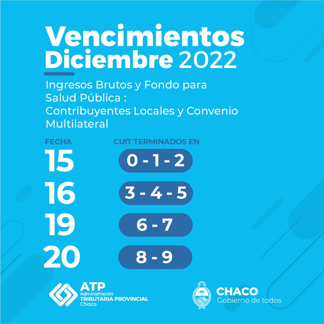ChacoAtp's tweet photo. 📅 VENCIMIENTOS DEL MES DE DICIEMBRE 
 
Conocé los medios de pago habilitados desde nuestra página web: https://t.co/hkyWgFGB8c 🤳 https://t.co/5ux3LqwWXK