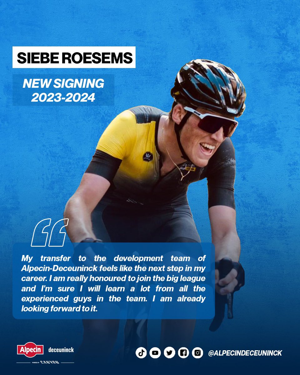 AlpecinPT's tweet photo. We are delighted to welcome @siebe_roesems in our Development team. An up-and-coming 21-year old Belgian rider will start competing for the Devo team in 2023.

#AlpecinDeceuninck https://t.co/XfXl3PmIbs