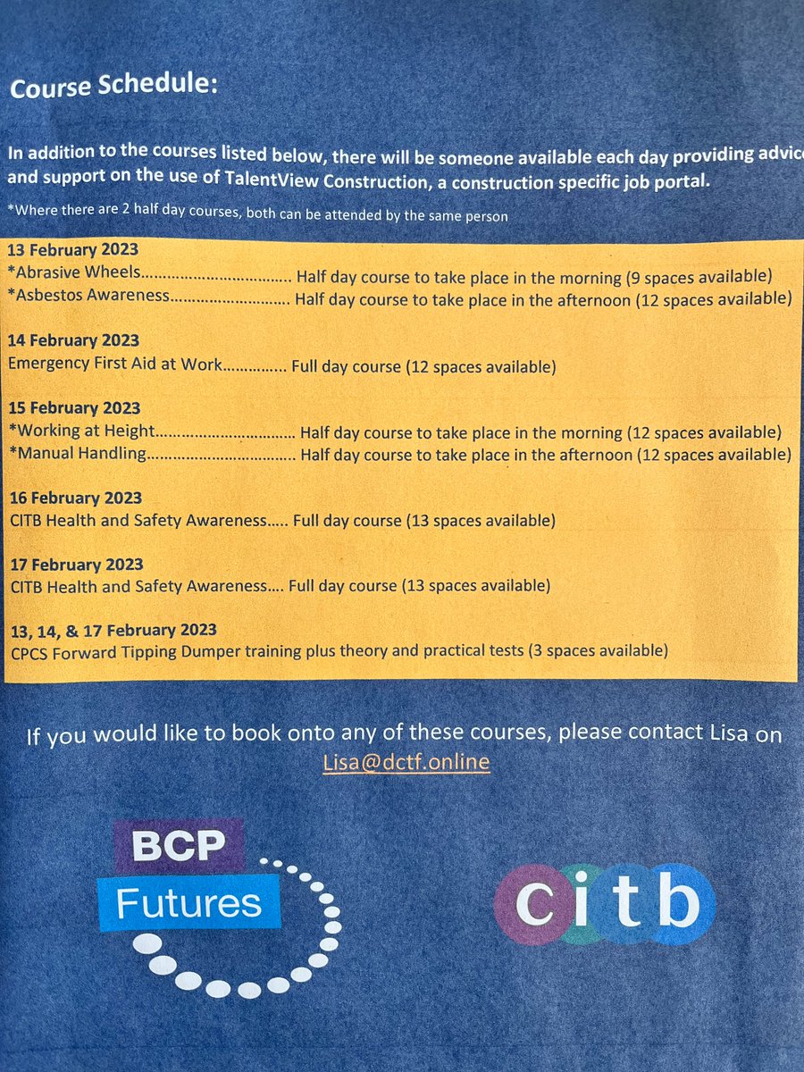 Our course schedule for the FREE construction training <a href="/BCPCouncil/">BCP Council</a> <a href="/business_bcp/">Business in BCP</a> <a href="/CITB_UK/">CITB</a>