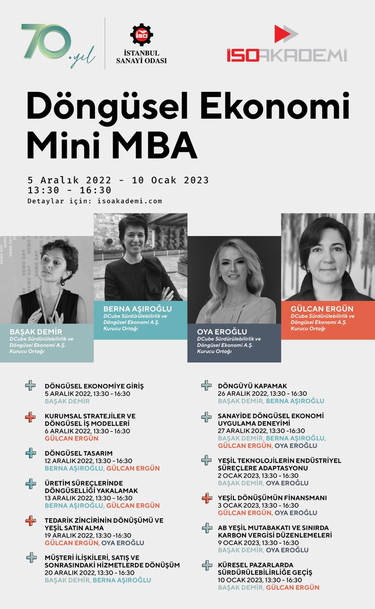 DCube #Sürdürülebilirlik ve #Döngüsel #Ekonomi A.Ş. Kurucu Ortakları tarafından verilecek Döngüsel Ekonomi Mini MBA Eğitim Programı'na kayıt ve detaylı bilgi için: lnkd.in/dMSmKAwv
📅5 Aralık 2022 - 10 Ocak 2023
⏰13:30 - 16:30