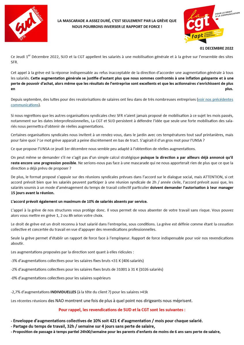 cgtsfrgroup's tweet photo. La CGT et @SudSfr lancent un nouvel appel à la grève chez @SFR pour les salaires ! @CGT_FAPT @lacgtcommunique #Altice #SFR #NAO https://t.co/bboqD2Wgsa