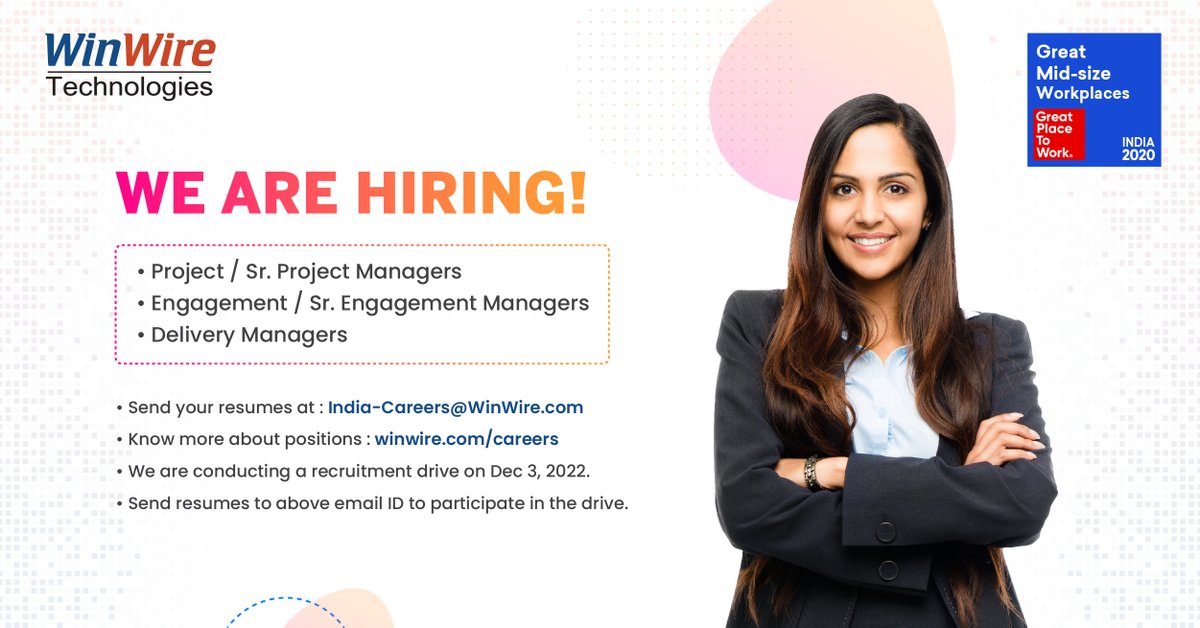 WinWire's tweet photo. WinWire is currently expanding & looking for outcome-driven candidates to join our award-winning ‘people-first‘ culture.
Learn more: https://t.co/5MNJgefMkI
Send resumes: India-Careers@WinWire.com
#projectmanagement #TechnicalDeliveryManager #TechnicalProjectManager #Hiring https://t.co/Ei31RZanxX