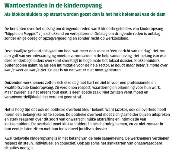 Fouad Gandoul (@fgandoul) on Twitter photo Wat gaat <a href="/crevits/">Hilde Crevits</a> /VlaReg doen om werknemers te beschermen die onaanvaardbare toestanden in de kinderopvang aankaarten en die bestraft worden met ontslag om dwingende redenen? Wat gaat <a href="/crevits/">Hilde Crevits</a> /VlaReg doen om werknemers te beschermen die onaanvaardbare toestanden in de kinderopvang aankaarten en die bestraft worden met ontslag om dwingende redenen?