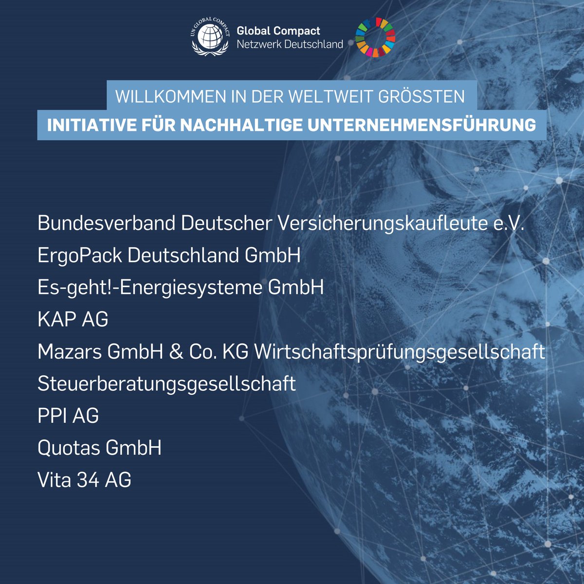👋 Wir begrüßen 8 neue Mitglieder, die im vergangenen Monat dem UN GCD beigetreten sind. Mit ihrer Teilnahme verpflichten sie sich den Zehn Prinzipien des UN Global Compact und der Förderung der 17 #SDGs der UN. Herzlich Willkommen!
#DecadeOfAction #GlobalGoals #UnitingBusiness