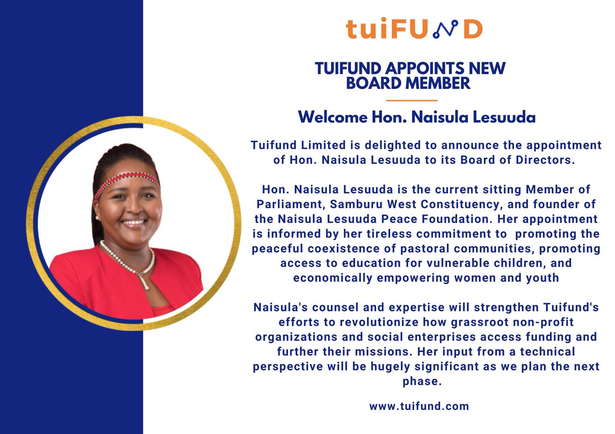 tuiFund's tweet photo. Join us in welcoming our newest #boardmember Hon. @Lesuuda. Our mission is to ensure that all non-profits and social enterprises in Kenya &amp; beyond have the capability to raise funds &amp; further their missions. Naisula's counsel will only propel us further.
https://t.co/V1ftCgchJ1 https://t.co/RrhaU16jor