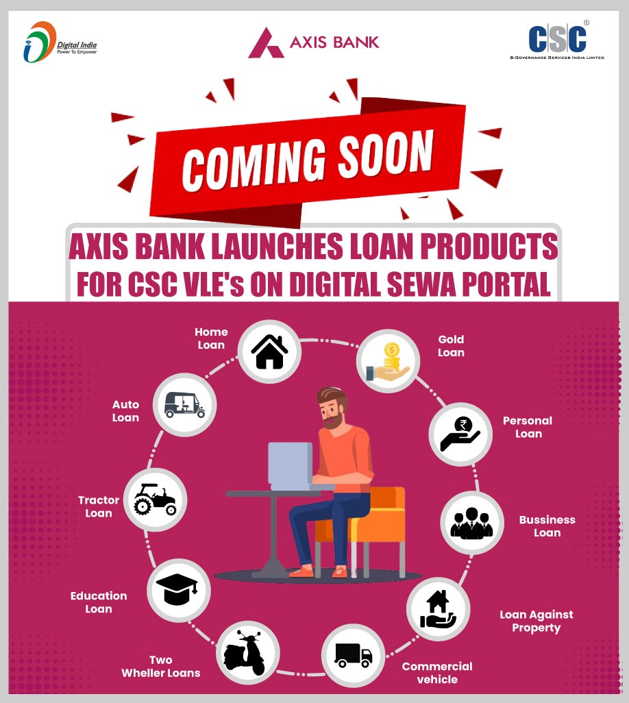 Axis Bank is Coming for All Loan Products Distribution for all CSC VLEs on Digital Seva Portal.

#cscfinancialservices
#AxisBank 
#Loanproducts
#DigitalIndia 
#CSC
