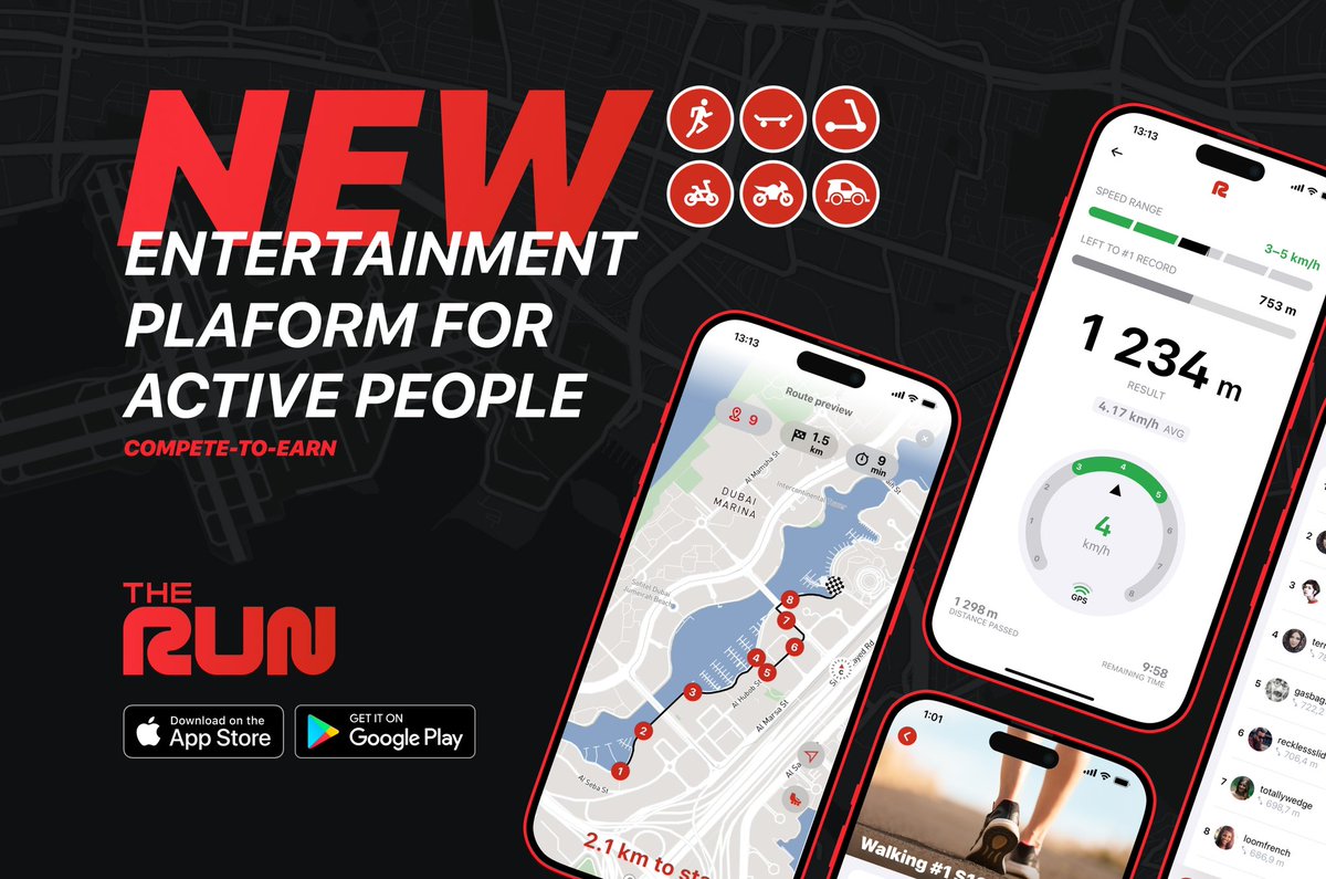 Hash1v's tweet photo. 🌎 TheRun is a new mobile app (social network) with build-in geolocation-based games and competitions 🚀

➡️ TheRun allows users to compete anywhere in the world with each other by any means of transport 
🏃 🚴 🚗 🏍 🛴 🏎 🛵 🛼 🚁 🛸

📲 Download TheRun &amp; Subscribe: @therunapp https://t.co/7rI5Gv6Xly