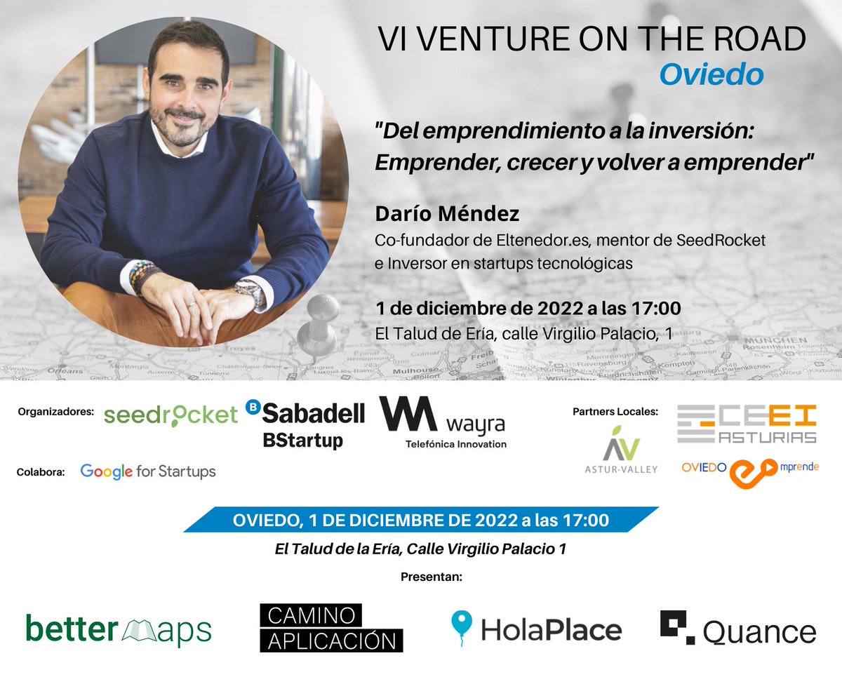 Todo listo para disfrutar esta tarde de una nueva cita #VentureOnTheRoad en #Asturias.

Conoce las prometedores startups <a href="/BettermapsAI/">Bettermaps.ai</a>, #CaminoAplicacion, <a href="/HolaPlace/">HolaPlace</a> y @QuanceTech y escucha la keynote de <a href="/DarioMendezF/">Darío Méndez Fernández</a> (<a href="/thefork_es/">TheFork España</a>)

Inscríbete en: bit.ly/3UB1FvI