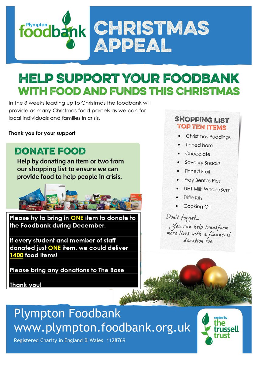 We are pleased to be supporting the Plympton Foodbank by organising a collection of items that will be distributed within the community over the next few weeks. Students may wish to bring in an item as part of our Festive Friday. #weareplympton #proudtobeplympton