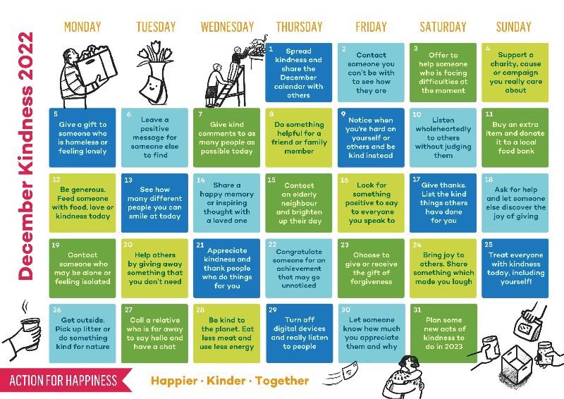 cher_dss's tweet photo. This December, you can help make things better with simple acts of kindness. Even little things can make a big difference, like asking someone how they are and really listening, or sending a friendly message. #kindnesscalender https://t.co/Hs9r22LBGY