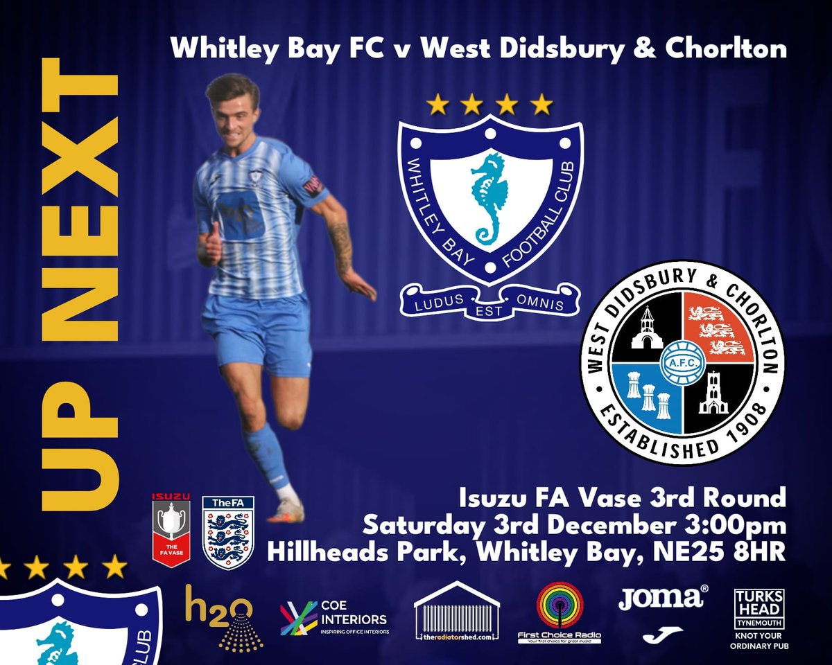 WhitleyBayFC's tweet photo. Two days to go until one of the biggest cup ties of the weekend, and it's at Hillheads on Saturday as Tyneside takes on Manchester! Come and support the Bay in our @IsuzuFAVase 3rd Round game v @WD_CFC Let's pack Hillheads!
@NUFC @SunderlandAFC fans  all welcome! 
#HowayTheBay https://t.co/jltAmH6zEB